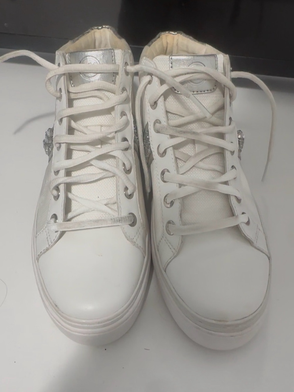 Michael Kors White High-Top Lace-Up Sneakers with Silver Accents